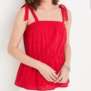 Red Eyelet Tank Top w/ Adjustable Tie Straps & Elastic Waist – Size Large